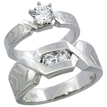 Picture of Sterling Silver Cubic Zirconia Engagement Rings Set for Him & Her Chevron Pattern Channel Set 7.5mm Man's Wedding Band )