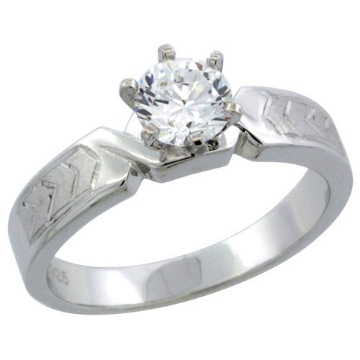 Picture of Sterling Silver Cubic Zirconia Solitaire Engagement Ring 1 ct size Brilliant cut Chevron Pattern, 3/16 inch wide