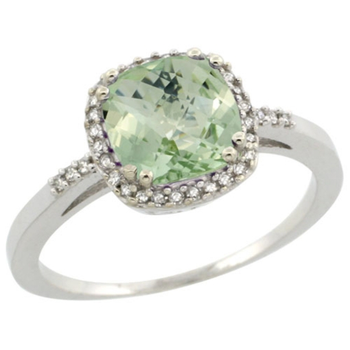 Picture of Sterling Silver Diamond Natural Green Amethyst Ring Cushion-cut 7x7mm, 3/8 inch wide, sizes 5-10