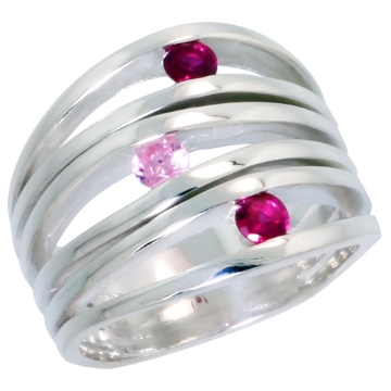 Picture of Sterling Silver Pink and Red CZ 3 Stone Open Bars Right Hand Band Ring for Women 3/4 inch sizes 6 - 10