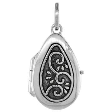 Picture of Small 3/4 inch Sterling silver Swirl Design Teardrop Locket Necklace for Women Flawless Polished Finish Available with or without Chain