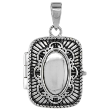 Picture of Small 3/4 inch Sterling silver Oval Embossed Center Rectangular Picture frame Locket Necklace for Women Flawless Polished Finish Available with or without Chain