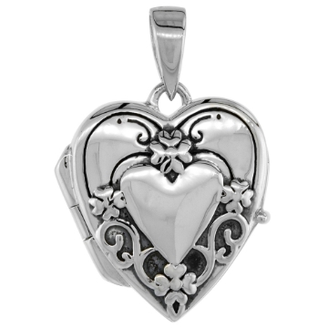Picture of Very Small 5/8 inch Sterling silver Embossed Heart Locket Necklace for Women Flawless Polished Finish Available with or without Chain