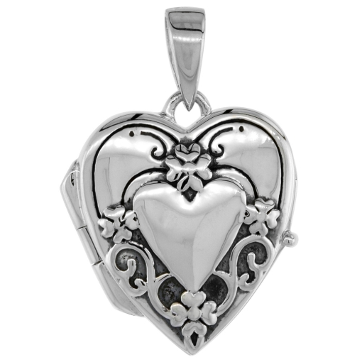 Picture of Very Small 5/8 inch Sterling silver Embossed Heart Locket Necklace for Women Flawless Polished Finish Available with or without Chain