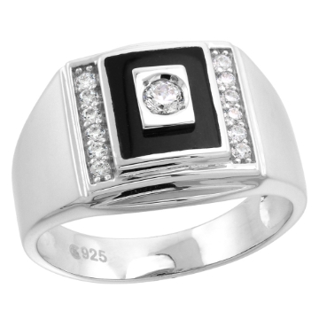 Picture of Mens Sterling Silver Rectangular Synthetic Black Onyx Ring with Cubic Zirconia Stones 9/16 inch wide