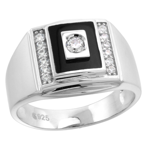 Picture of Mens Sterling Silver Rectangular Synthetic Black Onyx Ring with Cubic Zirconia Stones 9/16 inch wide