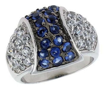 Picture of Sterling Silver & Rhodium Plated Dome Ring, w/ 2mm High Quality Sapphire & White CZ's, 9/16" (15 mm) wide