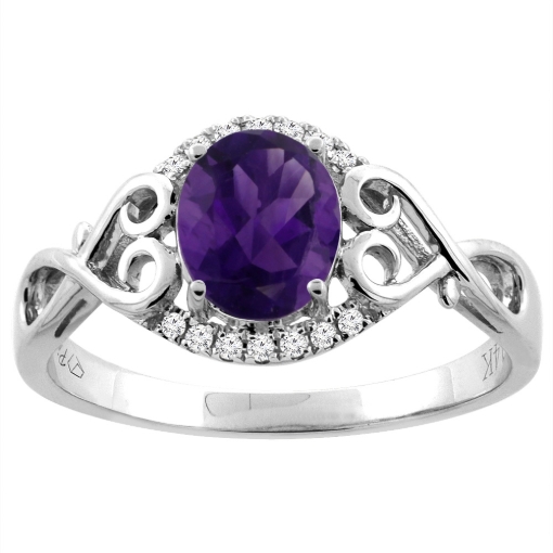 Picture of 14K Gold Natural Amethyst Ring Oval 8x6 mm Diamond & Heart Accents, sizes 5 - 10