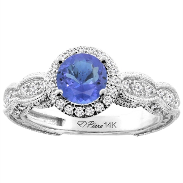 Picture of 14K White Gold Natural Tanzanite & Diamond Halo Ring Round 6 mm, sizes 5-10