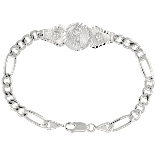 Picture of Sterling Silver St. Jude Bracelet for Women with Figaro Links Diamond Cut finish 1/2 inch wide available 7-8 inch