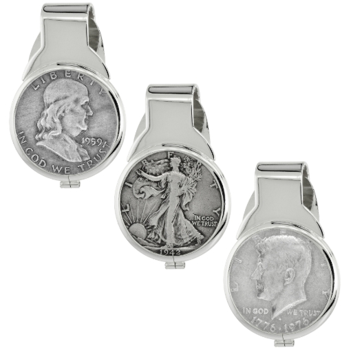 Picture of Sterling Silver Half Dollar Money Clip Spring Back with Genuine Coin