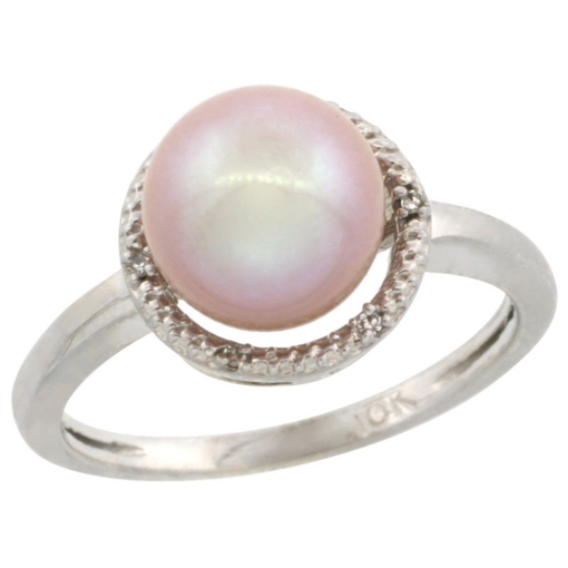 Picture of 14k White Gold Halo Engagement 8.5 mm Pink Pearl Ring w/ 0.022 Carat Brilliant Cut Diamonds, 7/16 in. (11mm) wide