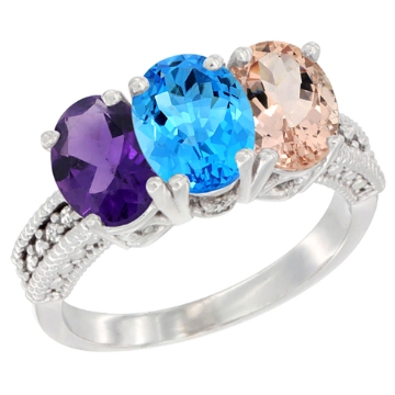 Picture of 14K White Gold Natural Amethyst, Swiss Blue Topaz & Morganite Ring 3-Stone 7x5 mm Oval Diamond Accent, sizes 5 - 10