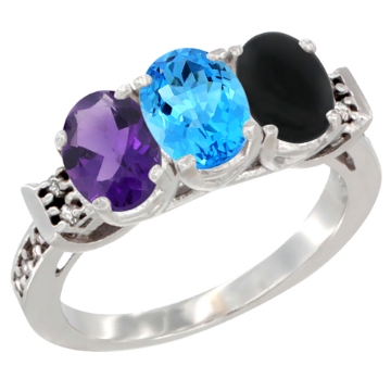 Picture of 14K White Gold Natural Amethyst, Swiss Blue Topaz & Black Onyx Ring 3-Stone 7x5 mm Oval Diamond Accent, sizes 5 - 10