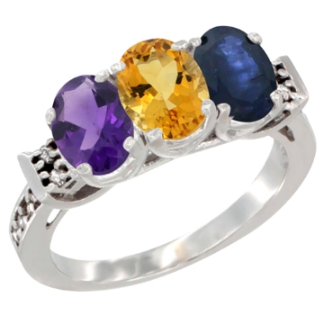 Picture of 14K White Gold Natural Amethyst, Citrine & Blue Sapphire Ring 3-Stone 7x5 mm Oval Diamond Accent, sizes 5 - 10