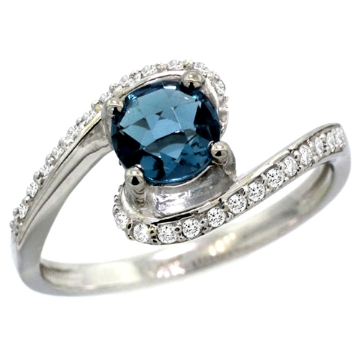 Picture of 10K White Gold Natural London Blue Topaz Swirl Design Ring Diamond Accent Round 6mm, 1/2 inch wide