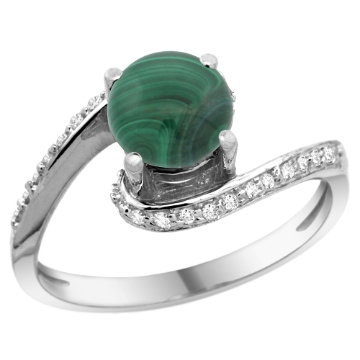 Picture of 10K White Gold Natural Malachite Swirl Design Ring Diamond Accent Round 6mm, 1/2 inch wide