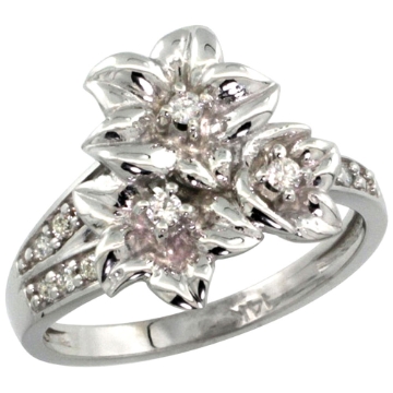 Picture of 10K Gold Triple Plumeria Flower Ring with Diamond 0.27cttw, 5/8 inch wide