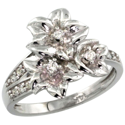 Picture of 10K Gold Triple Plumeria Flower Ring with Diamond 0.27cttw, 5/8 inch wide