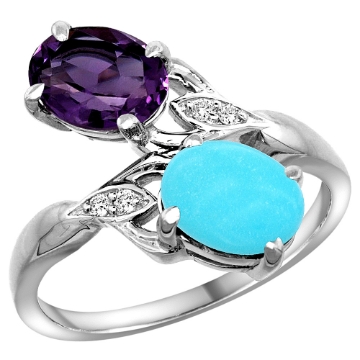 Picture of 10K White Gold Diamond Natural Amethyst & Turquoise 2-stone Ring Oval 8x6mm, sizes 5 - 10