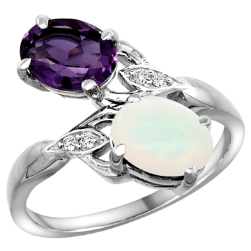 Picture of 10K White Gold Diamond Natural Amethyst & Opal 2-stone Ring Oval 8x6mm, sizes 5 - 10