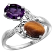 Picture of 10K White Gold Diamond Natural Amethyst & Tiger Eye 2-stone Ring Oval 8x6mm, sizes 5 - 10