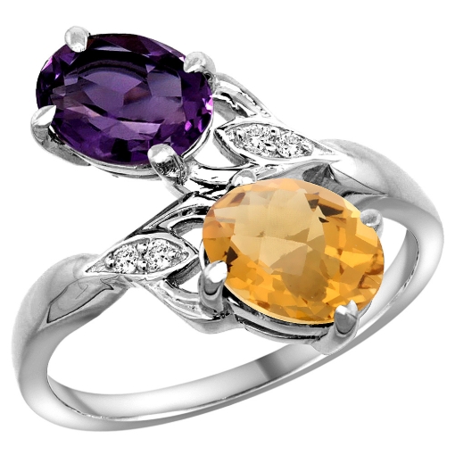 Picture of 10K White Gold Diamond Natural Amethyst & Whisky Quartz 2-stone Ring Oval 8x6mm, sizes 5 - 10