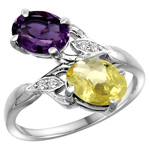 Picture of 10K White Gold Diamond Natural Amethyst & Lemon Quartz 2-stone Ring Oval 8x6mm, sizes 5 - 10