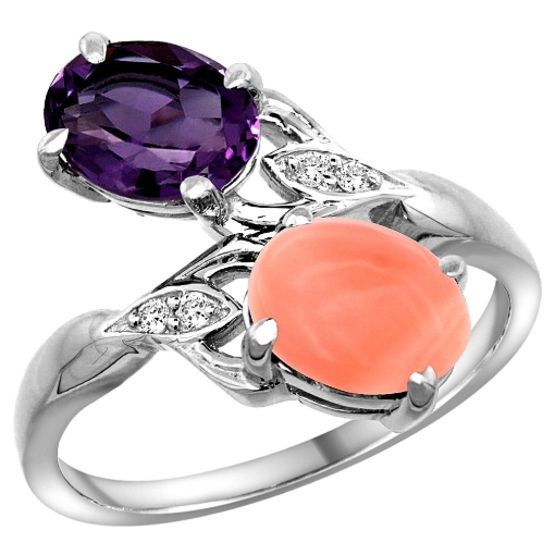 Picture of 10K White Gold Diamond Natural Amethyst & Coral 2-stone Ring Oval 8x6mm, sizes 5 - 10