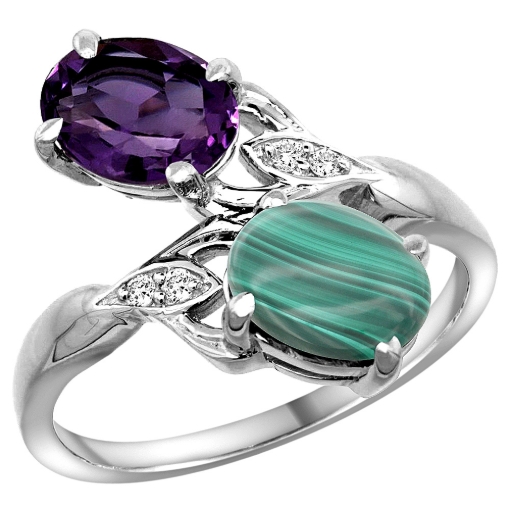 Picture of 10K White Gold Diamond Natural Amethyst & Malachite 2-stone Ring Oval 8x6mm, sizes 5 - 10