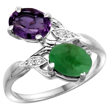 Picture of 10K White Gold Diamond Natural Amethyst & Cabochon Emerald 2-stone Ring Oval 8x6mm, sizes 5 - 10