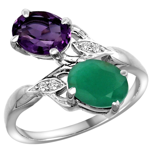 Picture of 10K White Gold Diamond Natural Amethyst Emerald 2-stone Mothers Ring Oval 8x6mm size 5 - 10