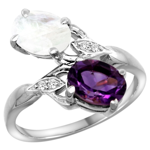 Picture of 10K White Gold Diamond Natural Amethyst & Rainbow Moonstone 2-stone Ring Oval 8x6mm, sizes 5 - 10
