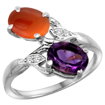 Picture of 10K White Gold Diamond Natural Amethyst & Brown Agate 2-stone Ring Oval 8x6mm, sizes 5 - 10