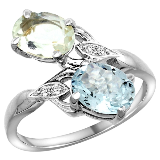 Picture of 10K White Gold Diamond Natural Green Amethyst & Aquamarine 2-stone Ring Oval 8x6mm, sizes 5 - 10