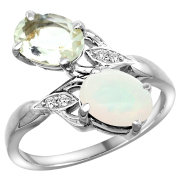 Picture of 10K White Gold Diamond Natural Green Amethyst & Opal 2-stone Ring Oval 8x6mm, sizes 5 - 10