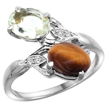 Picture of 10K White Gold Diamond Natural Green Amethyst & Tiger Eye 2-stone Ring Oval 8x6mm, sizes 5 - 10
