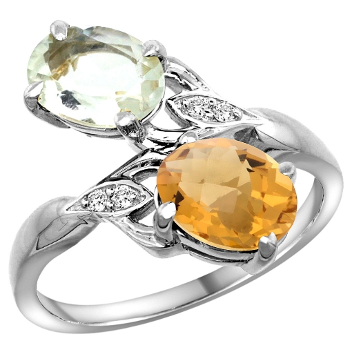 Picture of 10K White Gold Diamond Natural Green Amethyst & Whisky Quartz 2-stone Ring Oval 8x6mm, sizes 5 - 10