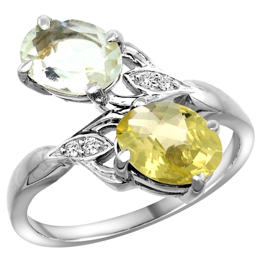 Picture of 10K White Gold Diamond Natural Green Amethyst & Lemon Quartz 2-stone Ring Oval 8x6mm, sizes 5 - 10