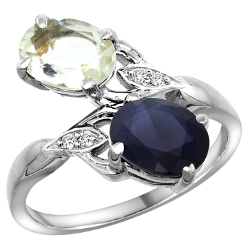 Picture of 10K White Gold Diamond Natural Green Amethyst & Australian Sapphire 2-stone Ring Oval 8x6mm, sizes 5 - 10