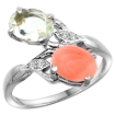 Picture of 10K White Gold Diamond Natural Green Amethyst & Coral 2-stone Ring Oval 8x6mm, sizes 5 - 10