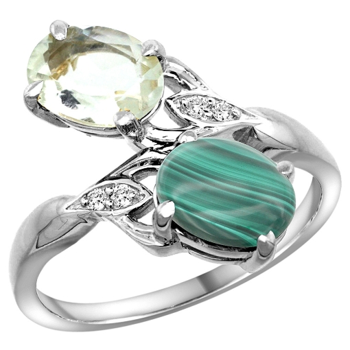 Picture of 10K White Gold Diamond Natural Green Amethyst & Malachite 2-stone Ring Oval 8x6mm, sizes 5 - 10