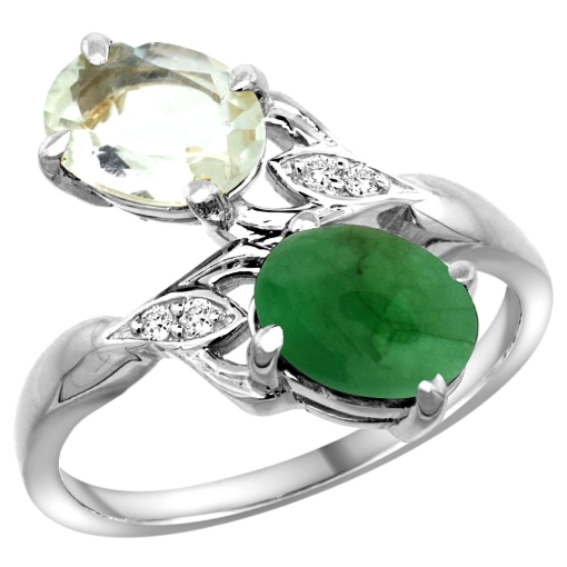 Picture of 10K White Gold Diamond Natural Green Amethyst & Cabochon Emerald 2-stone Ring Oval 8x6mm, sizes 5 - 10