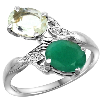 Picture of 10K White Gold Diamond Natural Green Amethyst Emerald 2-stone Mothers Ring Oval 8x6mm size 5-10