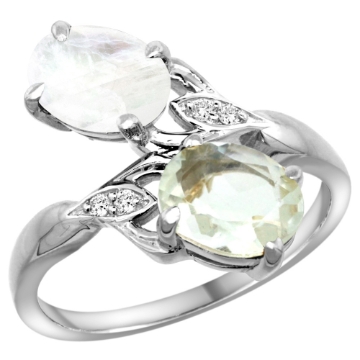 Picture of 10K White Gold Diamond Natural Green Amethyst & Rainbow Moonstone 2-stone Ring Oval 8x6mm, sizes 5 - 10