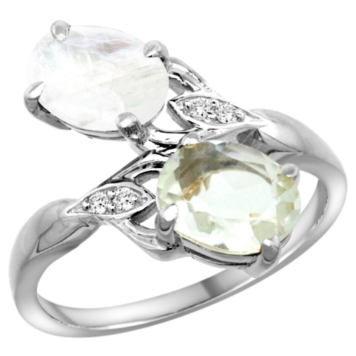 Picture of 10K White Gold Diamond Natural Green Amethyst & Rainbow Moonstone 2-stone Ring Oval 8x6mm, sizes 5 - 10