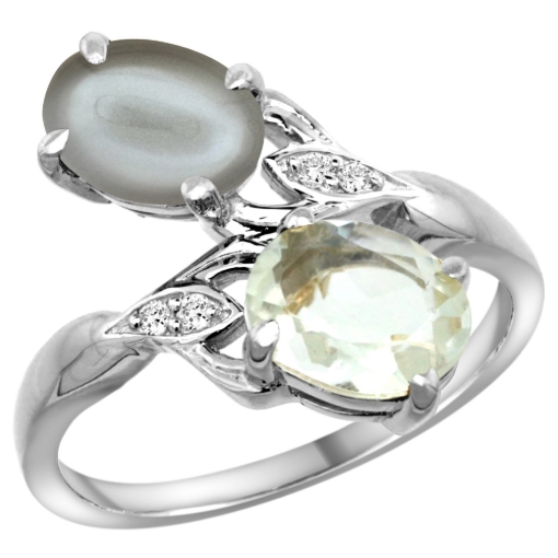 Picture of 10K White Gold Diamond Natural Green Amethyst & Gray Moonstone 2-stone Ring Oval 8x6mm, sizes 5 - 10