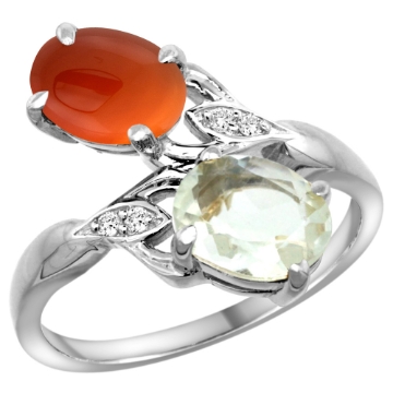 Picture of 10K White Gold Diamond Natural Green Amethyst & Brown Agate 2-stone Ring Oval 8x6mm, sizes 5 - 10