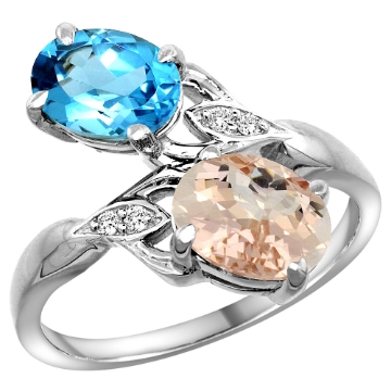 Picture of 10K White Gold Diamond Natural Swiss Blue Topaz & Morganite 2-stone Ring Oval 8x6mm, sizes 5 - 10