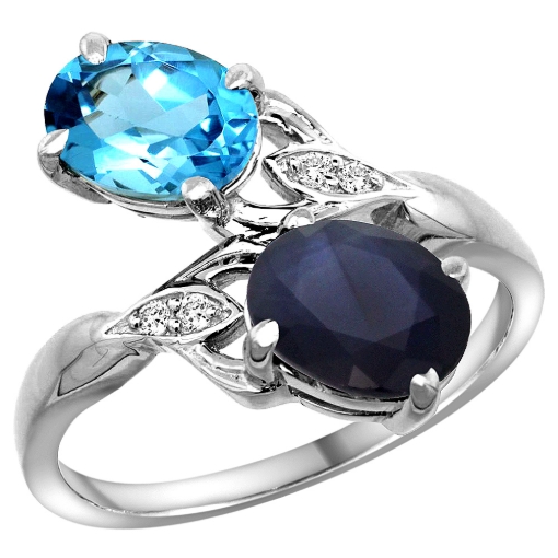 Picture of 10K White Gold Diamond Natural Swiss Blue Topaz & Blue Sapphire 2-stone Ring Oval 8x6mm, sizes 5 - 10